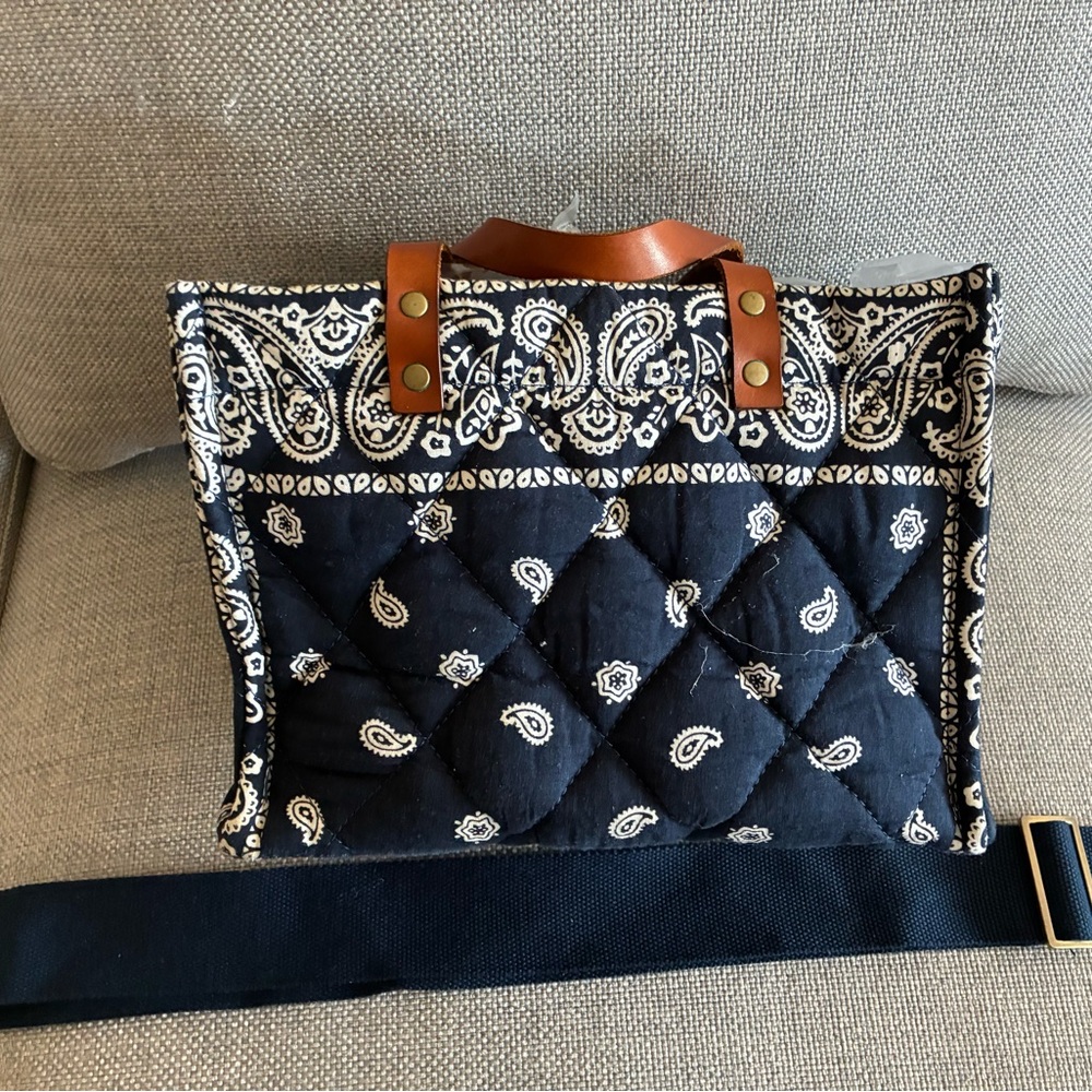 Parker Thatch Bandana Mimi Bag
Elegant Blue and Brown Tote with Leather Accents